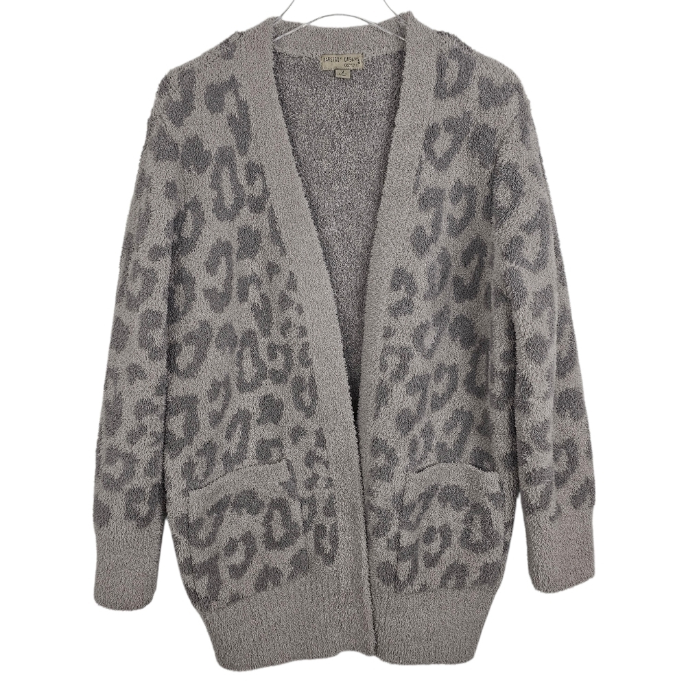 Barefoot Dreams Cozy Chic Gray Leopard Print Open Front Sweater Medium